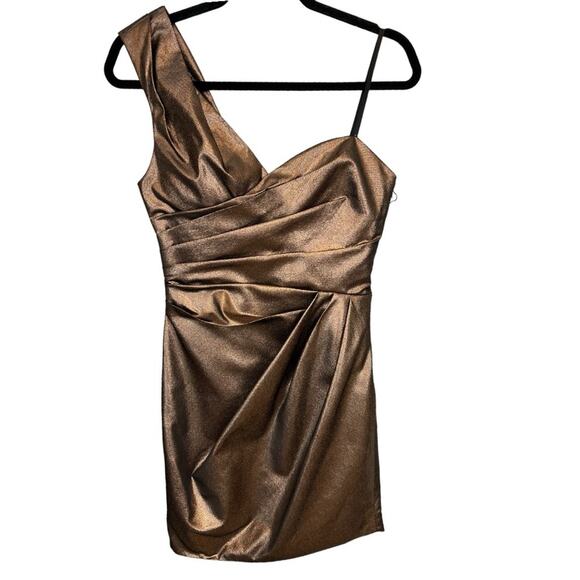 ROBERT RODRIGUEZ Metallic Mini Cocktail Dress One Shoulder Sheath Bronze Size 0 - Picture 4 of 16